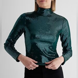 Body Contour Sequin Mock Neck Long Sleeve Tee Deep Teal Sz S Holiday Party